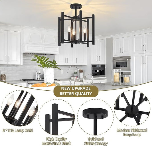 14.6'' Black Farmhouse Semi Flush Mount Ceiling Light Fixture, 3-Light Modern Ceiling Light Fixtures Industrial Flush Mount Ceiling Lighting Fixture for Dining Room Kitchen Hallway Bedroom