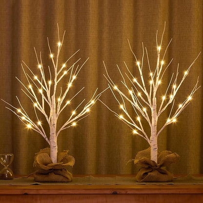 Lighted Birch Tree Christmas Decorations, 2Pack 2FT USB Rechargeable Tabletop Tree with LED Lights, Pre-Lit Artificial Mini Money Trees for Home Centerpiece Fireplace Party Decor(Timer)