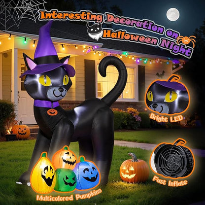 6FT Halloween Inflatable Black Cat with Witch Hat and 4 Colorful Pumpkins, Cute Blow Up Yard Decoration with LED Lights for Lawn, Garden, Balcony, Outdoor Holiday Party Events