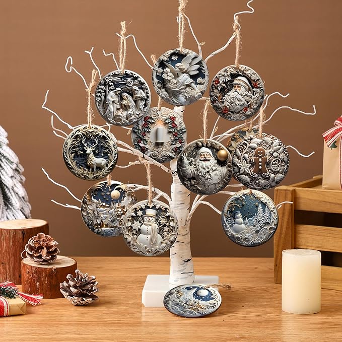 Suzile 36 Pcs Christmas Wooden Ornaments Vintage Christmas Decoration White Sculpture Hanging Decor Retro Round Santa Claus Snowman Tree Decoration for Farmhouse Xmas Home Wreaths Winter Party