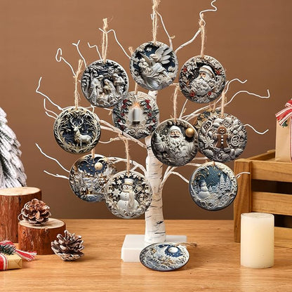 Suzile 36 Pcs Christmas Wooden Ornaments Vintage Christmas Decoration White Sculpture Hanging Decor Retro Round Santa Claus Snowman Tree Decoration for Farmhouse Xmas Home Wreaths Winter Party