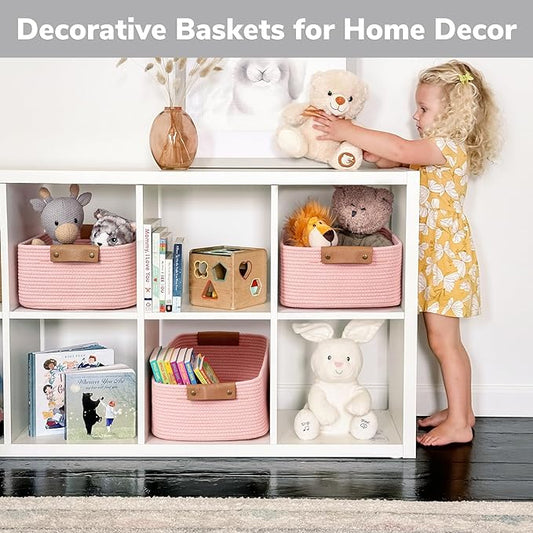 CHICVITA Pink Basket Storage Baskets for Organizing, Gift Basket for Toys, Baby Basket for Diapers, Woven Baskets for Storage, Decorative Basket for Living Room, 14.5" x 13" x 6"