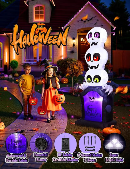 Halloween Inflatables Outdoor Decoration, Pumpkin/Tombstone/Black Cat/Ghost Tree, Cute Blow Up Yard Decor, for Outside Garage Door Graveyard Yard Porch Lawn (6.5FT Ghost+Tombstone)