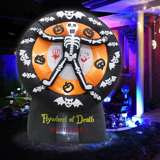 5FT Halloween Day of The Dead Skull Ghost Death Flywheel Inflatable Outdoor Decoration with Built-in LED for Indoor Party Garden Lawn Decoration