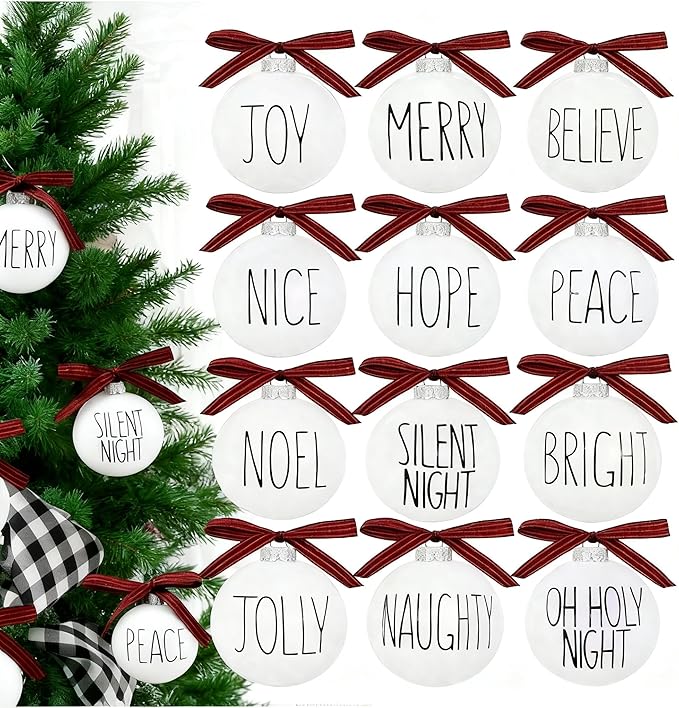 Christmas Decoration, White Christmas Ornament with Buffalo Plaid Bows, Christmas Tree Decor, Set,12PCS