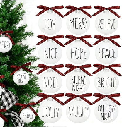 Christmas Decoration, White Christmas Ornament with Buffalo Plaid Bows, Christmas Tree Decor, Set,12PCS
