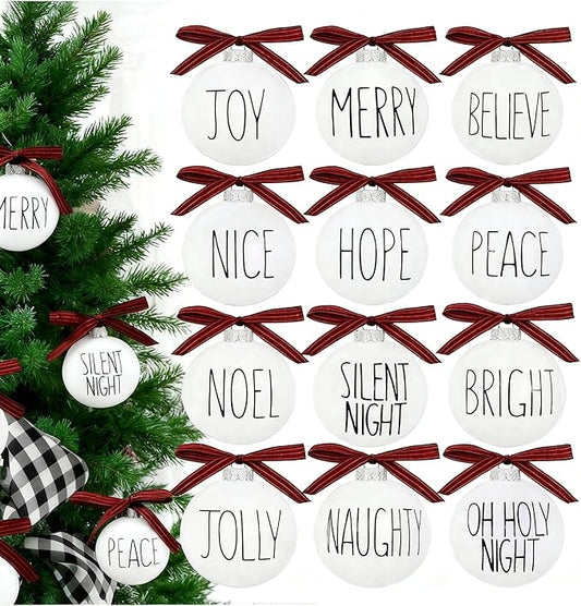 Christmas Decoration, White Christmas Ornament with Buffalo Plaid Bows, Christmas Tree Decor, Set,12PCS