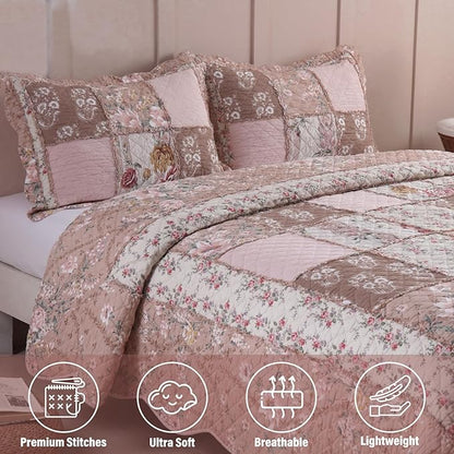 NEWLAKE Quilt Set King Size, Cotton Patchwork Pink Floral Quilt Sets, Real Stitched Embroidery Bedspread Lightweight and Breathable for All Seasons, Soft Quilted with 2 Pillow Shams
