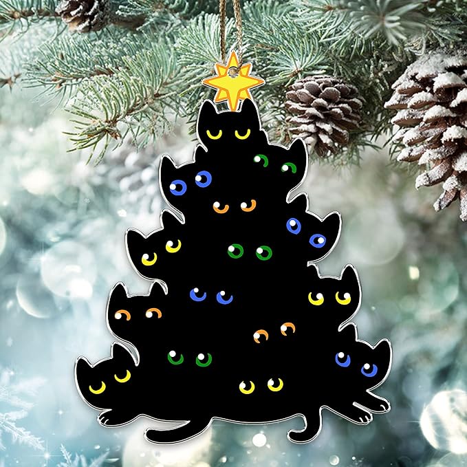 Black Cats Acrylic Christmas Ornament – Cat Eyes Christmas Tree Shape – Funny Cat Lover Holiday Hanging Decoration Gift