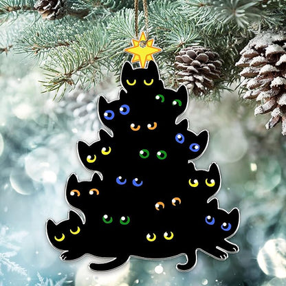 Black Cats Acrylic Christmas Ornament – Cat Eyes Christmas Tree Shape – Funny Cat Lover Holiday Hanging Decoration Gift