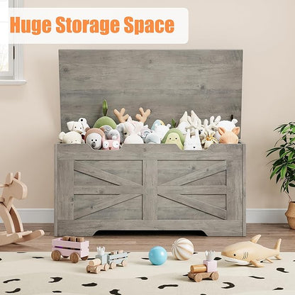 IDEALHOUSE Storage Chest, 39.4" Toy Chest for Boys Girls, Kids Wood Large Toy Box, Storage Bench with Safety Hinge, Farmhouse Storage Trunk for Entryway, Living Room, Bedroom, Playroom, Greige