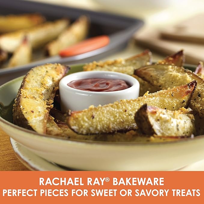 Rachael Ray Cucina Nonstick Cookware Pots and Pans Set, 12 Piece, Cranberry Red & Nonstick Bakeware Set with Grips, Nonstick Cookie Sheets/Baking Sheets - 3 Piece, Gray with Orange Grips