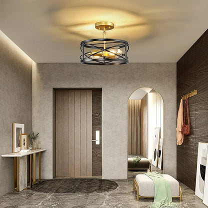 Semi Flush Mount Ceiling Light Fixtures, 2-Light Modern Kitchen Ceiling Light Farmhouse Industrial Sloped Ceiling Lighting with for Metal Drum Cage Hallway Bedroom Stair, Black and Gold
