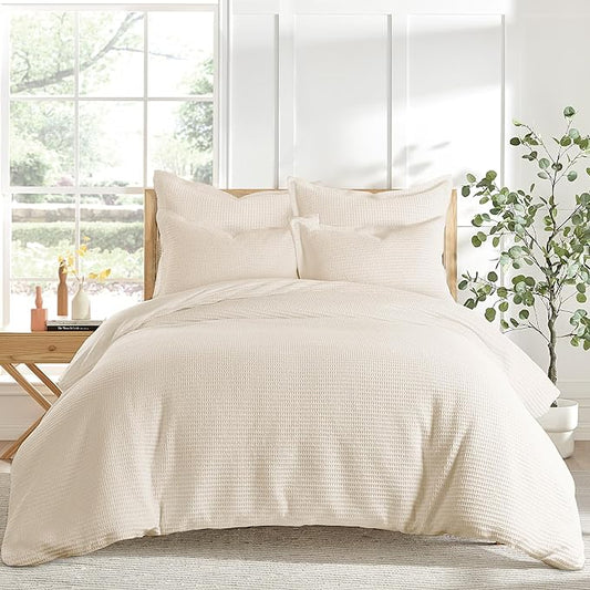 Levtex Home - Cloud Waffle Comforter Set - King Comforter + Two King Pillow Cases - Waffle Weave - Undyed Cream - Comforter (106 x 94in.) and Pillow Case (36 x 20in.) - Cotton