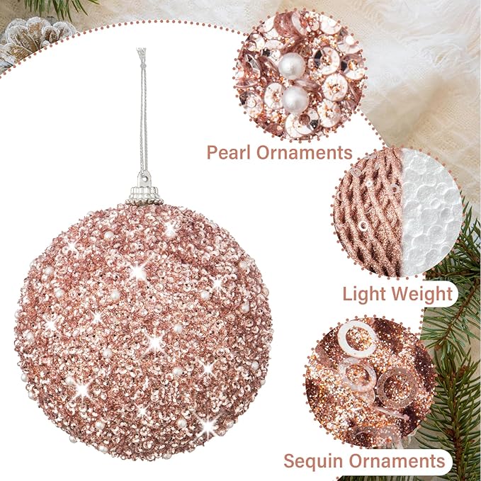 3.15" Christmas Ball Ornaments Glitter Shatterproof Christmas Tree Ornaments Sequin Xmas Hanging Balls Decorations for Wedding Party Holiday(Rose Gold, 12pc-8cm)