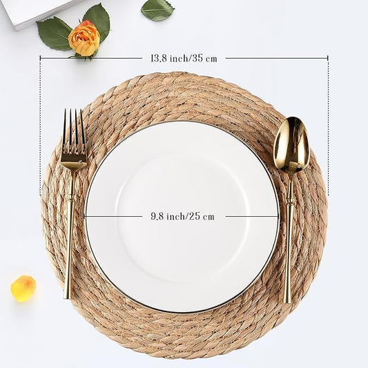 Round Woven Placemats Set of 4, Natural Water Hyacinth Place mats, 13 inch Rattan Placemats Wicker Placemats Farmhouse Boho Braided Heat Resistant Outdoor Placemat Patio Table Place Mats