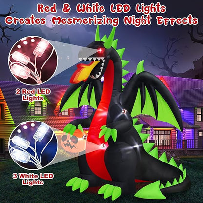MICOCAH 8 FT Outdoor Halloween Inflatables Fire-Breathing Dragon with Flashing Red Eyes Holding Pumpkin Halloween Decorations Outside, Built-in LEDs Blow Ups for Yard Indoor Party Garden Lawn Decor