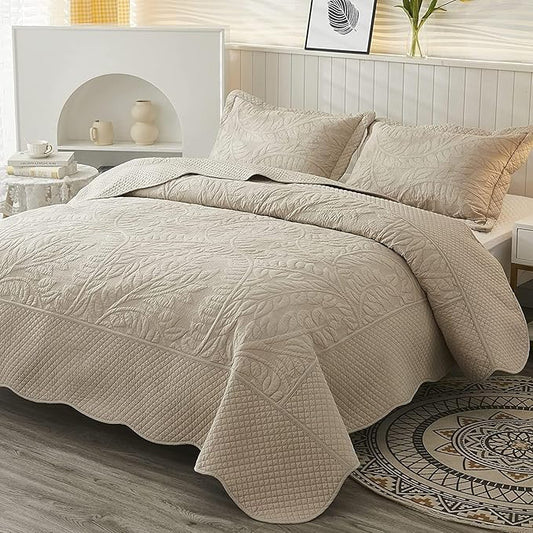 MarCielo 3-Piece 100% Cotton Oversized Bedspread Lightweight Quilt Coverlet Embroidery Farmhouse Bedding Set T0 (Yellowish Beige, Oversized Queen (100"x106"))