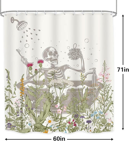 LGhtyro Funny Skull Halloween Wildflower Shower Curtain Bathroom Set 60Wx71H Inches Gothic Skeleton Floral Rustic Leaves in Bathtub Bath Accessories Spooky Cool Art Home Decor Fabric 12 Pack Hooks