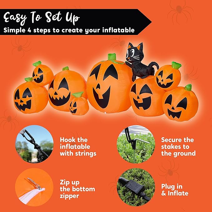 Joiedomi 10 FT Long Halloween Inflatables Outdoor Decorations, Blow Ups Inflatable Pumpkin for Yard with Witch's Cat, 8 Pcs Blow Up Pumpkin Decor for Halloween Decorations Outside