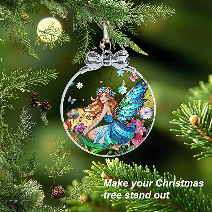 Butterfly Fairy Stained Glass Christmas Ornament - Hanging Ornaments for Christmas Tree Decorations -Holiday Keepsake Present Exchange Idea