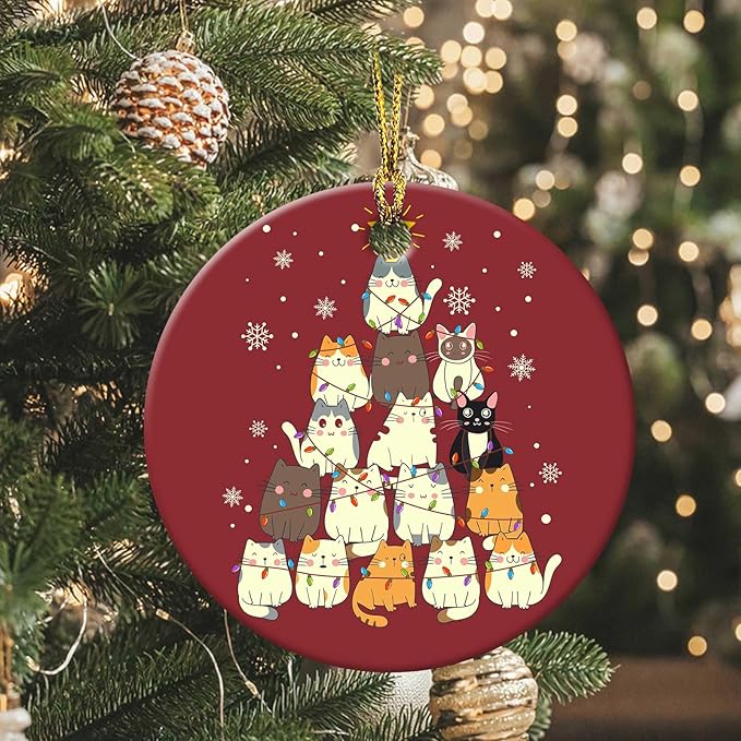 Cats Christmas Tree Ornament Round Ceramic Ornament Xmas Keepsake for Christmas Tree Winter Holiday Xmas Gift for Women Men Xmas Hanging Ornament 3"