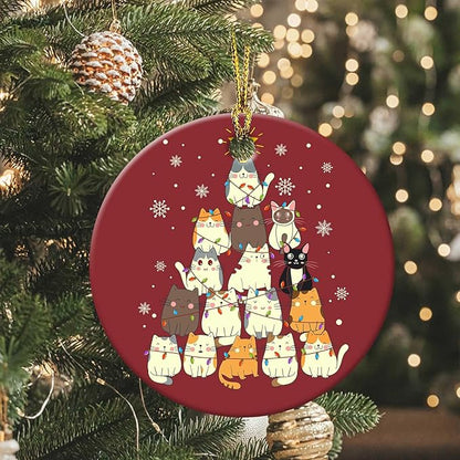 Cats Christmas Tree Ornament Round Ceramic Ornament Xmas Keepsake for Christmas Tree Winter Holiday Xmas Gift for Women Men Xmas Hanging Ornament 3"