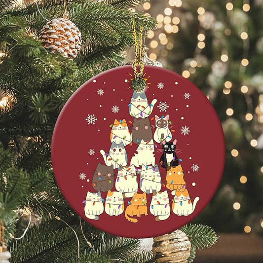 Cats Christmas Tree Ornament Round Ceramic Ornament Xmas Keepsake for Christmas Tree Winter Holiday Xmas Gift for Women Men Xmas Hanging Ornament 3"