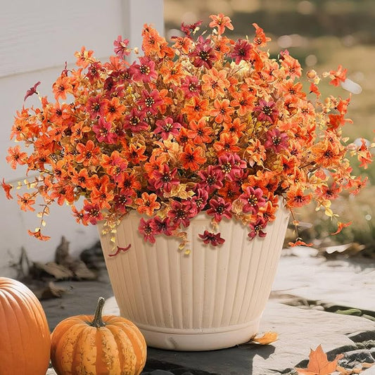 Artificial Mums Fake Fall Flowers for Outdoors Decoration, 12 Bundles Realistic Autumn Silk Daisy Faux Plants UV Resistant Decor for Home Garden Porch Patio Yard Balcony Window (Orange Brown)