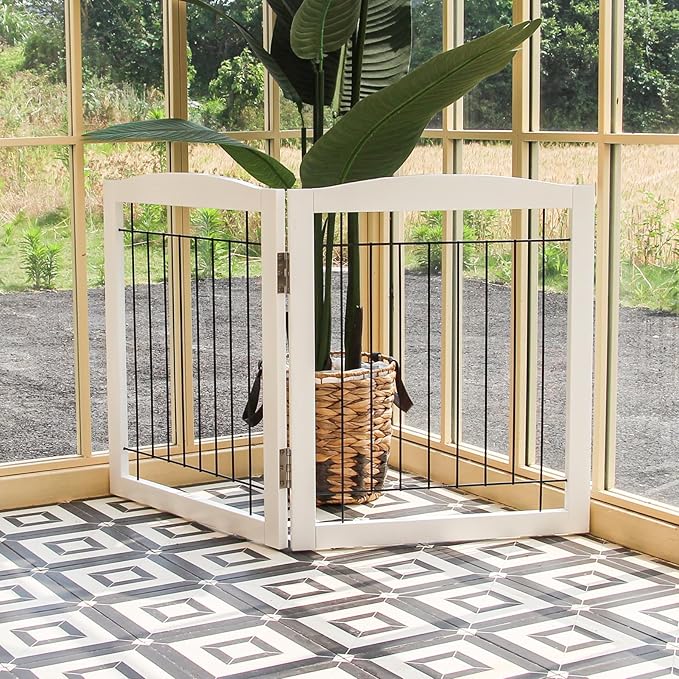 ZJSF Freestanding Foldable Extra Wide Wooden White Indoor Puppy Gate - 2 Panels Tall Dog Fence