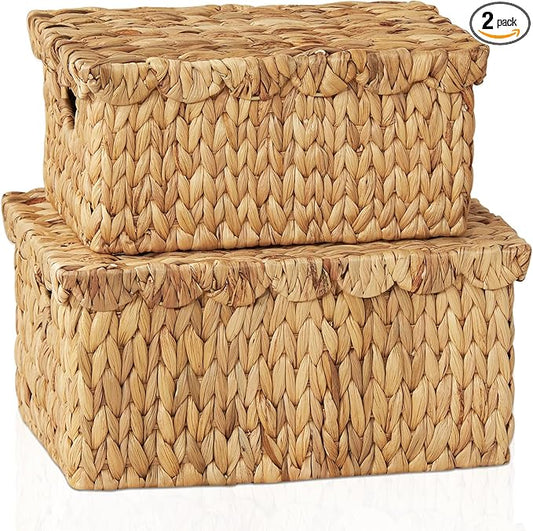 FairyHaus Wicker Basket with Lid, Scalloped Wicker Storage Basket with Removable Tray Lid, Handwoven Natural Water Hyacinth Bakests with Handles for Nursery 2Pack, 15 x 11.22 x 7 & 13 x 9.45 x 5.9