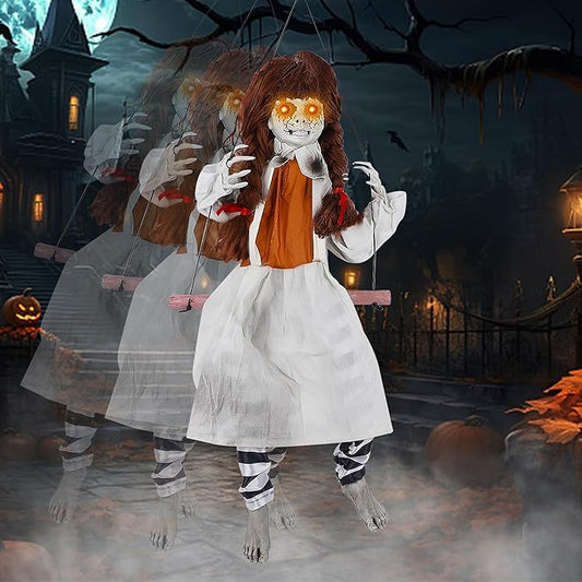Prsildan Halloween Decorations Outdoor Hanging Swing Girl, Scary Animatronic Decor Life-Size Halloween Props with Creepy Sounds Motion for Outside Indoor Yard Trees