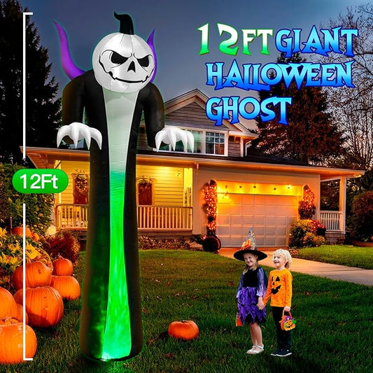 12FT Halloween Inflatables Decoration Outdoor Giant Pumpkin Reaper Ghost Built-in 3-Colored Rotation Flame LED Halloween Blow Up Yard Decorations Spooky Outdoor Party Yard Lawn Decor(1PCS)