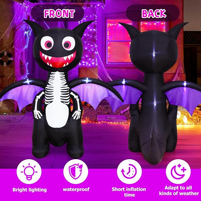 6.8FT Halloween Inflatables Outdoor Decorations – Lighted Skeleton Dinosaur Blow Up Yard Decor with LED Lights, Spooky Halloween Dinosaur for Lawn Porch Trick or Treat Party Display