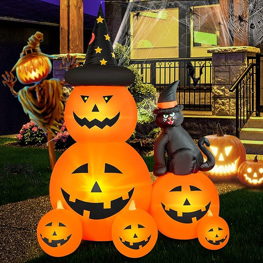 6 FT Halloween Inflatable Decorations Spooky Ghost Pumpkin Lighted and Witch's Cat, Halloween Decorations Outdoor Inflatables Pumpkin Combo with Build-in LED Blow Up Inflatables for Yard Garden
