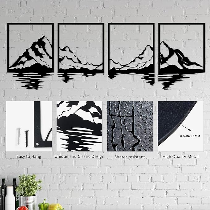 ESTART 4 PCS Metal Mountain Wall Art, Large Mountains Wall Decor, Mountain Forest Decorative Painting Suitable For Living Room Bedroom Office Indoor And Outdoor (Mountains Rivers)