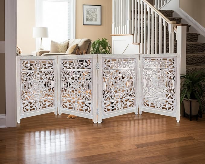 Wooden Foldable Pet Dog Safety Gate - 4 Panel 20" W x 24" H - Hand Carved Suzani Free Standing Portable Indoor Puppy Gate - Doorway Hall Stairs Dog Fence - Assembled - White Wash - IRONGATE
