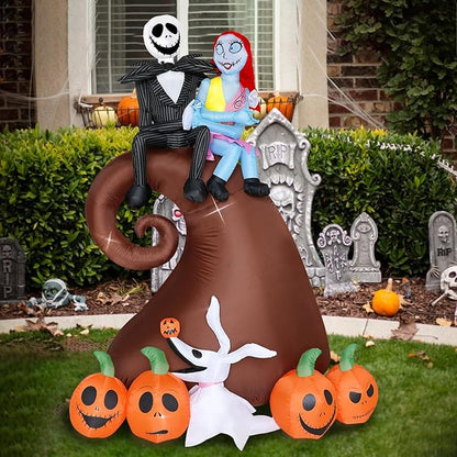 6 Ft Inflatable Halloween Outdoor Yard Decoration - Halloween Hill Skeleton Couple with Pumpkin Multi-Element Blow Up Decoration - Built-in LED Lights - for Yard Lawn Decorations