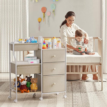 Baby Organizer and Storage - 3 Tier Rolling Cart with Dividers and Drawers, Easy to Assemble, Mobile Utility Cart with Wheels for Nursery, Bedroom, Changing Table & Crib,Off White