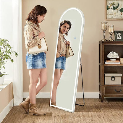 Sweetcrispy 63"x20" Mirror Full Length Standing Mirror with LED Lights, Lighted Floor Mirror with Stand, w/Dimming & 3 Color Lighting, Wall Mirror Full Length Aluminum Alloy Thin Frame, White