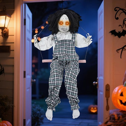 Prsildan Hanging Halloween Decorations Outdoor Swing Boy, Halloween Animatronic Scary Decor Life-Size Halloween Props with Creepy Sounds Motion for Outside Indoor Trees Yard