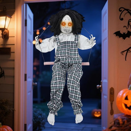 Prsildan Hanging Halloween Decorations Outdoor Swing Boy, Halloween Animatronic Scary Decor Life-Size Halloween Props with Creepy Sounds Motion for Outside Indoor Trees Yard