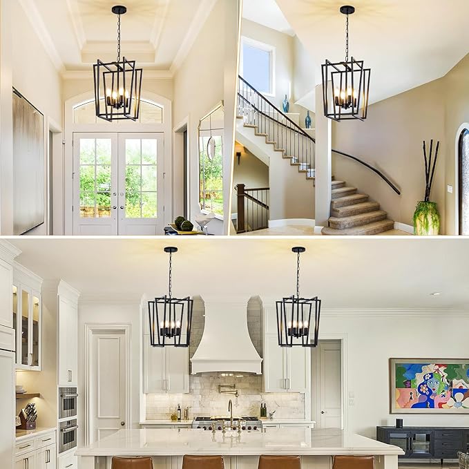 4-Light Black Chandelier, Farmhouse Lantern Pendant Light Lighting Fixtures, Industrial Ceiling Light, Adjustable Height Rustic Geometric Hanging Chandelier for Kitchen Island,Entryway,Foyer,E12 Base