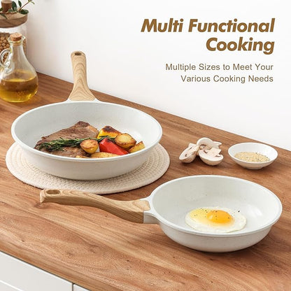 SENSARTE Nonstick Frying Pan Skillets, White Ceramic Coating Omelette Pans, Healthy Cookware Chef's Pan, Free of PTFE & PFAS (8+10 Inch)