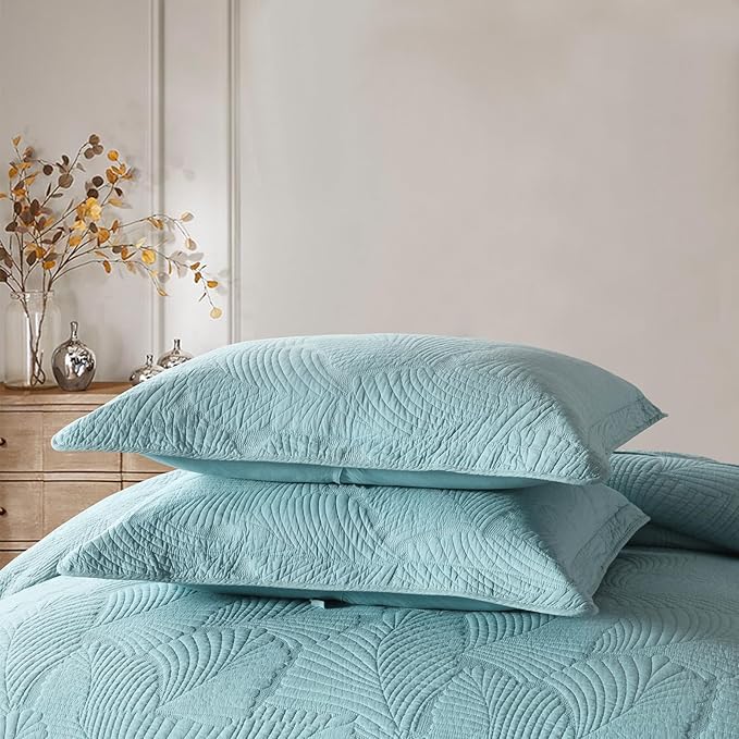 mixinni King Size Blue Plam Leaves Quilt Set Soft Cotton Bedspread Coverlet Set-King Size