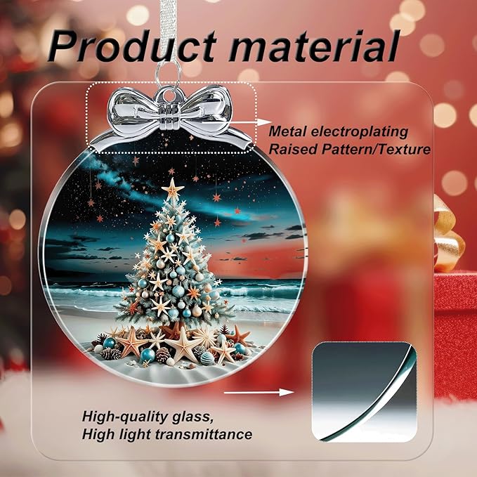 Seaside Christmas Tree Stained Glass Christmas Ornament - Hanging Ornaments for Christmas Tree Decorations - Holiday Keepsake Present Exchange Idea