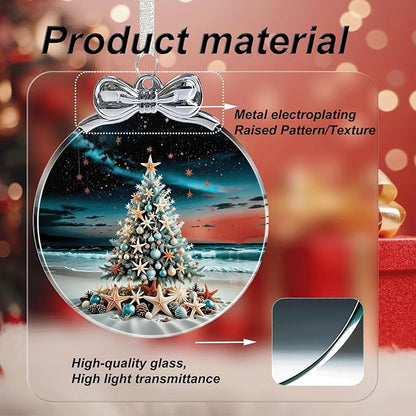 Seaside Christmas Tree Stained Glass Christmas Ornament - Hanging Ornaments for Christmas Tree Decorations - Holiday Keepsake Present Exchange Idea