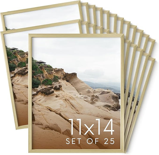 HAUS AND HUES 11x14 Gold Metal Picture Frames - Features Premium Aluminum, Vertical & Horizontal Hang, Shatterproof Plexiglass - Ideal for Home, Room, Office (11x14 in, Gold, Set of 25)