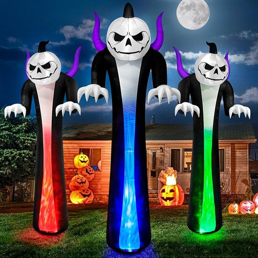 12FT Halloween Inflatables Decoration Outdoor Giant Pumpkin Reaper Ghost Built-in 3-Colored Rotation Flame LED Halloween Blow Up Yard Decorations Spooky Outdoor Party Yard Lawn Decor(1PCS)