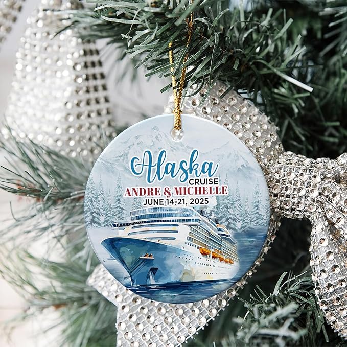 Personalized Alaska Cruise Ornaments - Custom Text and Date Family Cruise Keepsakes for Christmas Tree